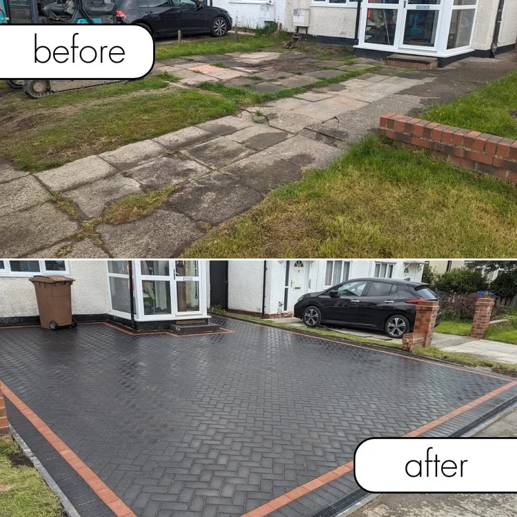 Before and after: cracked slabs replaced with herringbone block paving