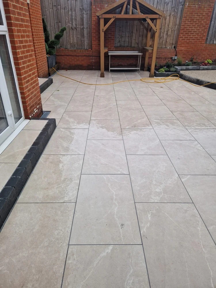 Light grey porcelain patio outside the patio doors
