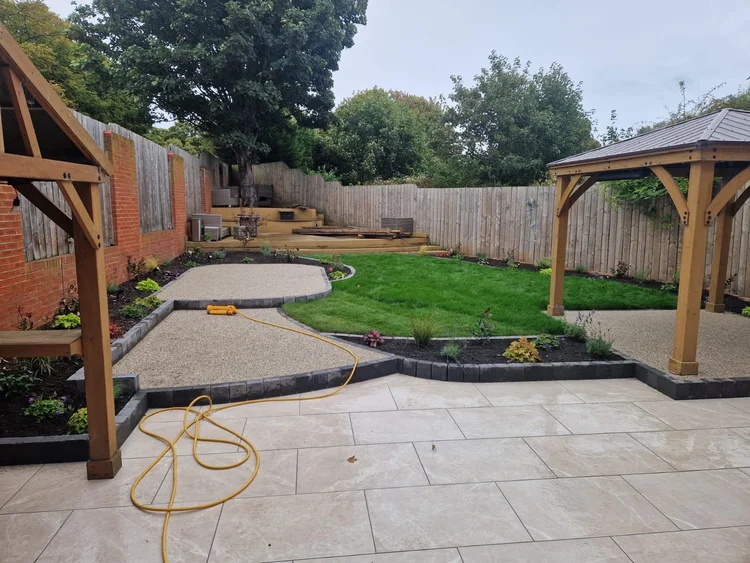 Full garden redesign with gazebos, resin paths and new lawn