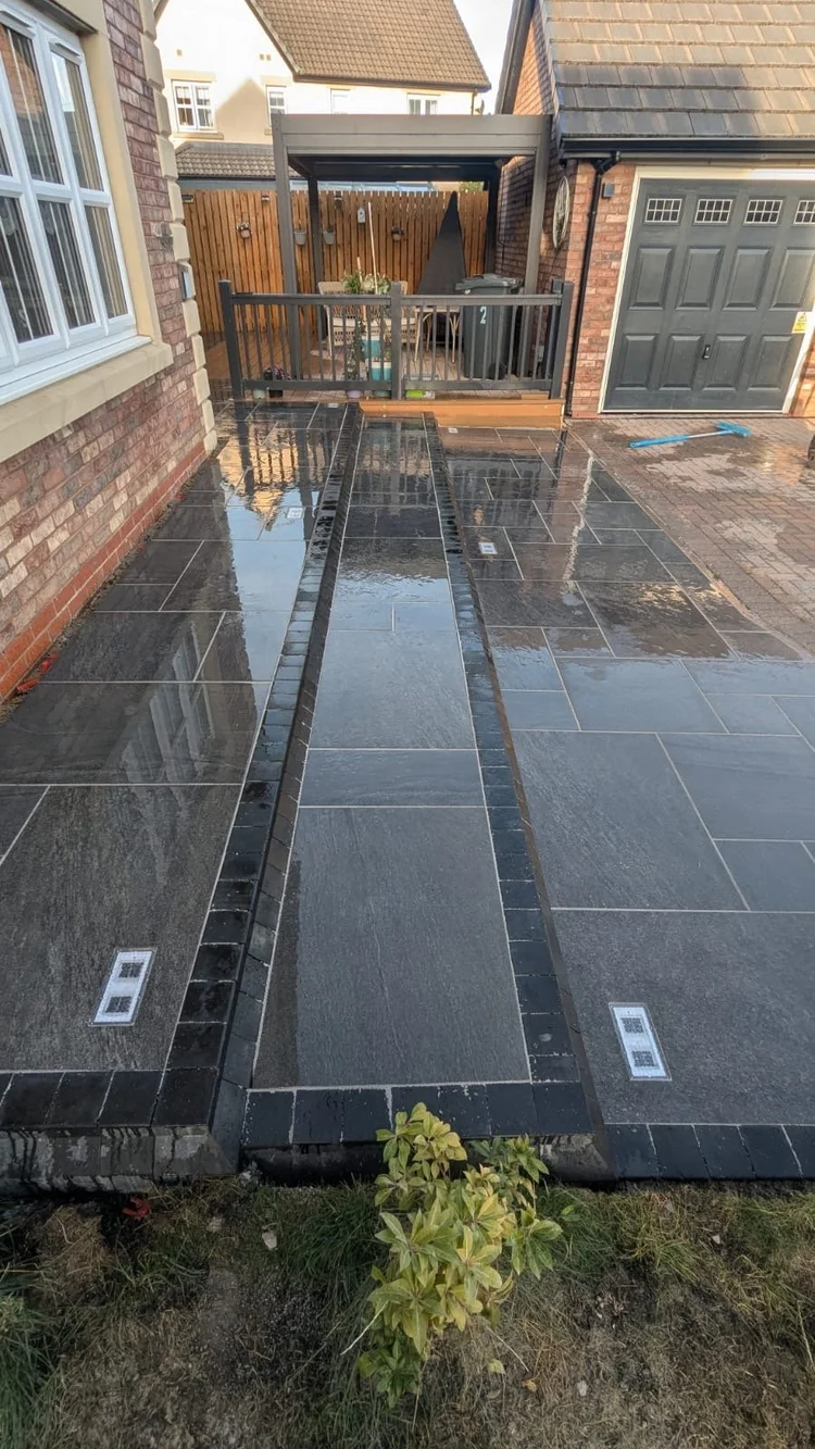 Charcoal porcelain path with inset lighting