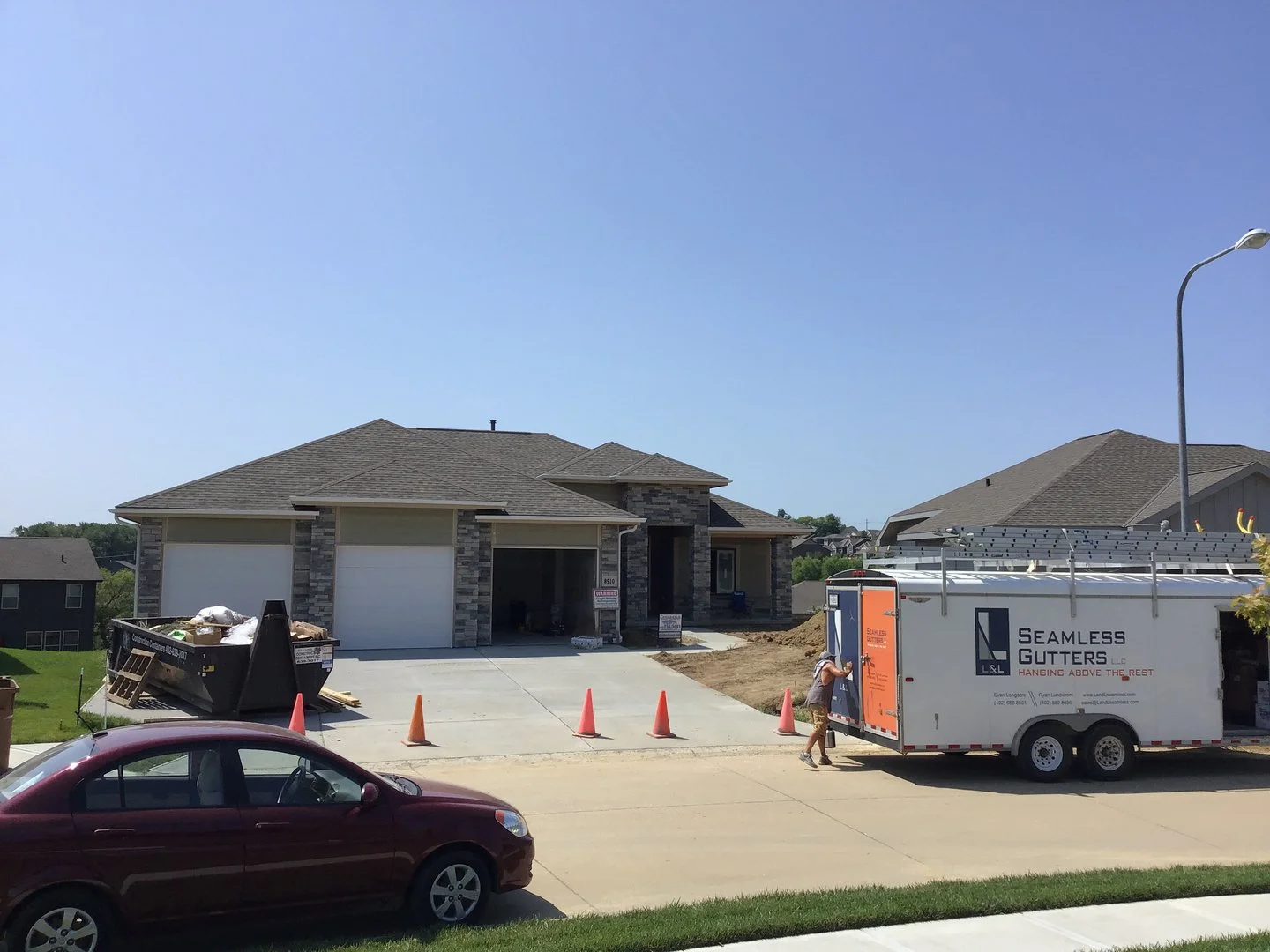 L&L gutter trailer at a new ranch home near Fremont, NE