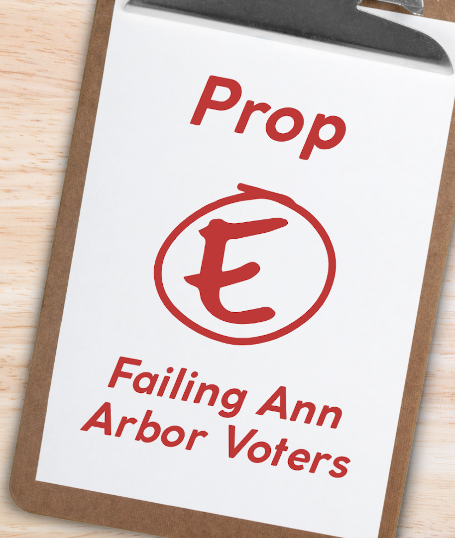 Clipboard with a paper that reads "Prop E Failing Ann Arbor Voters"