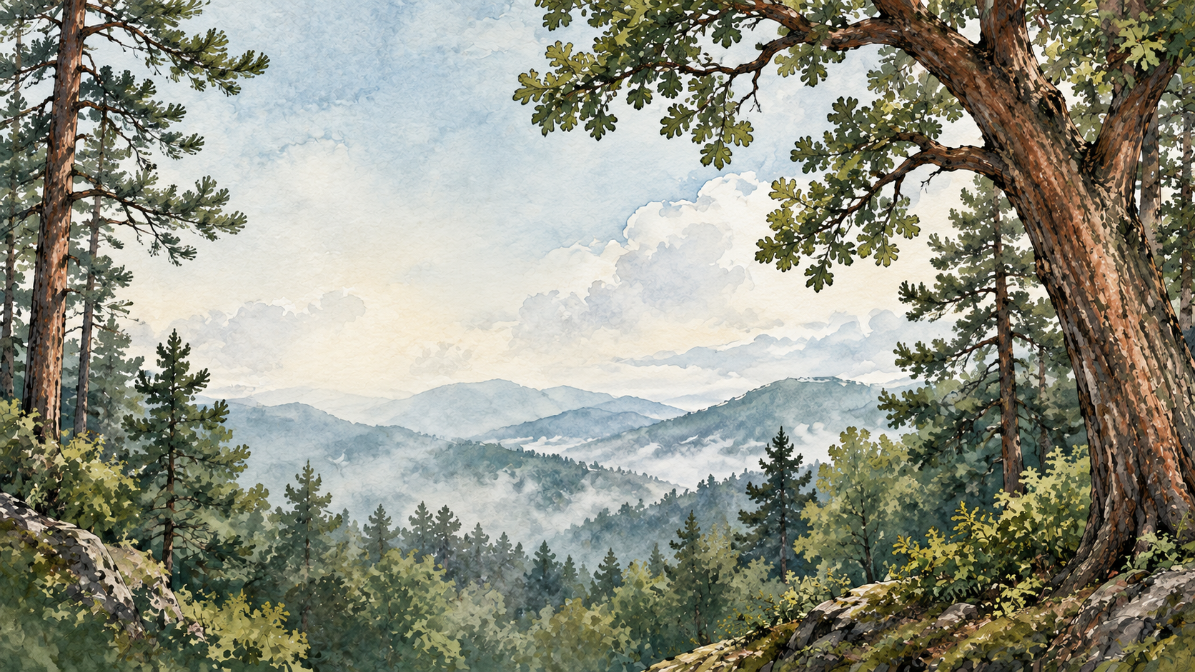 Watercolor painting of a mountain landscape with tall pine trees in the foreground, misty mountains in the distance, and a cloudy sky overhead.
