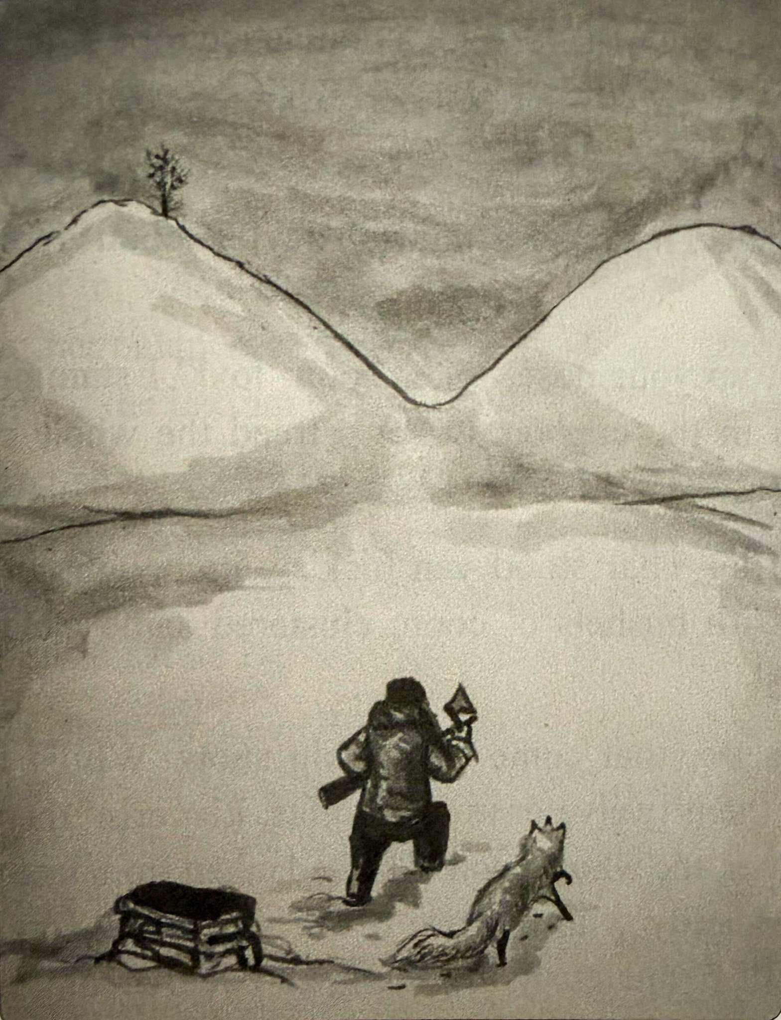 A black and white drawing of a snowy landscape with hills in the background and a tree on the top of one hill. In the foreground, a person wears a coat and hat, standing next to a dog, with two small chairs nearby.