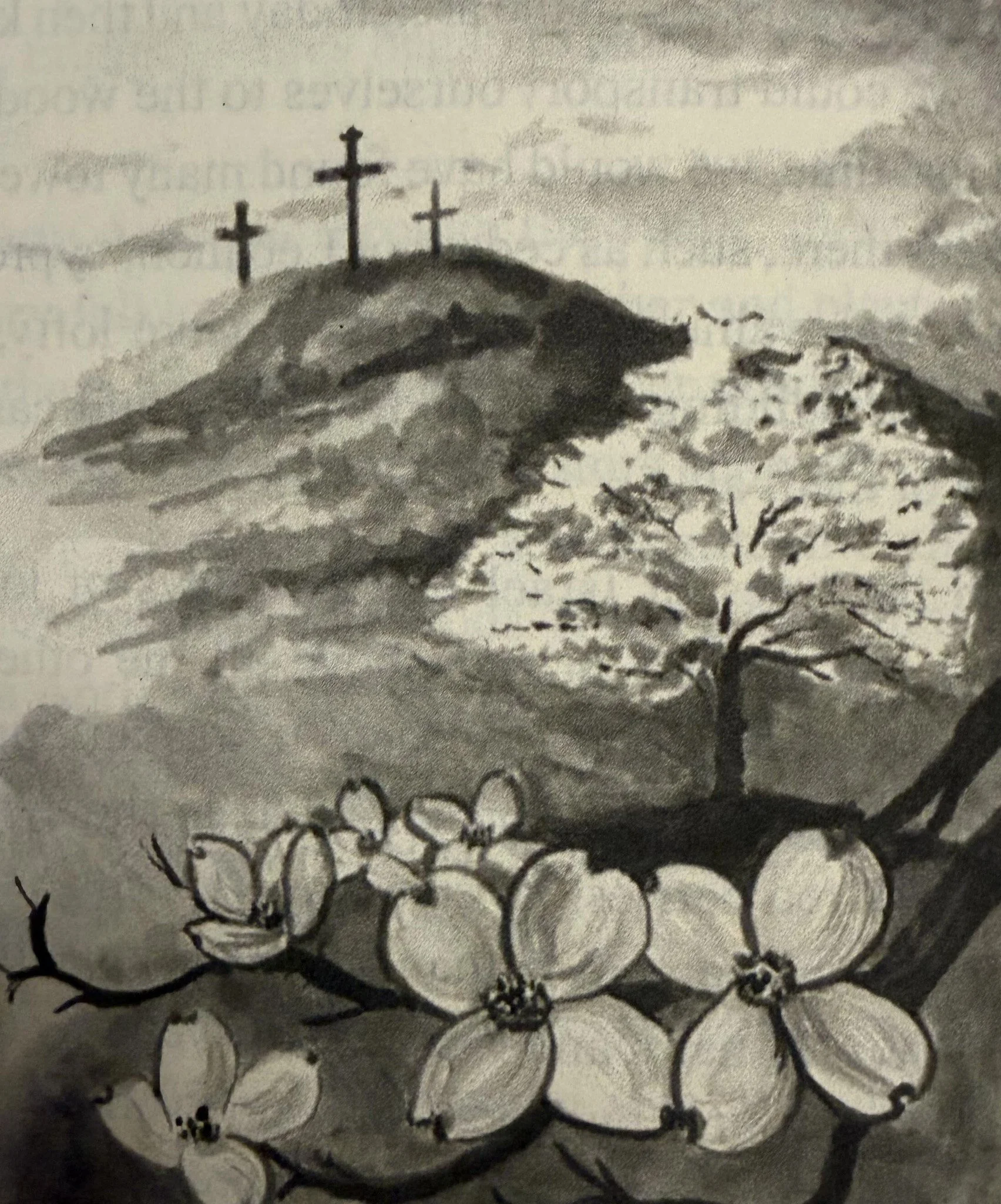 Black and white illustration of three crosses on a hill, with a tree in the foreground and clouds in the sky.