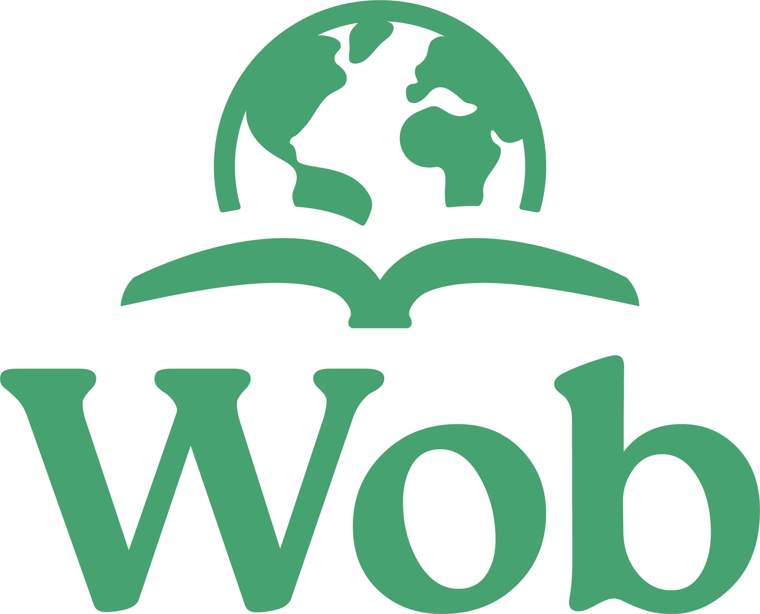 A logo for the World of Books featuring a green globe above an open book with stylized cityscape silhouettes inside the globe, representing environmental and educational themes.