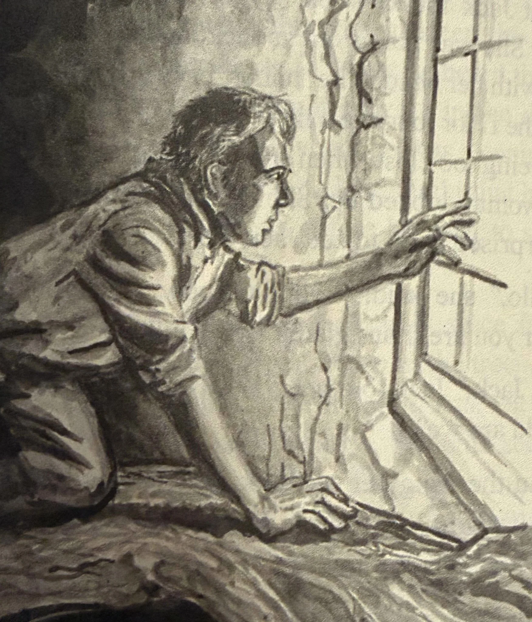 A detailed black-and-white drawing of a woman with shoulder-length hair, reaching out with her right hand, in front of a window with horizontal blinds.