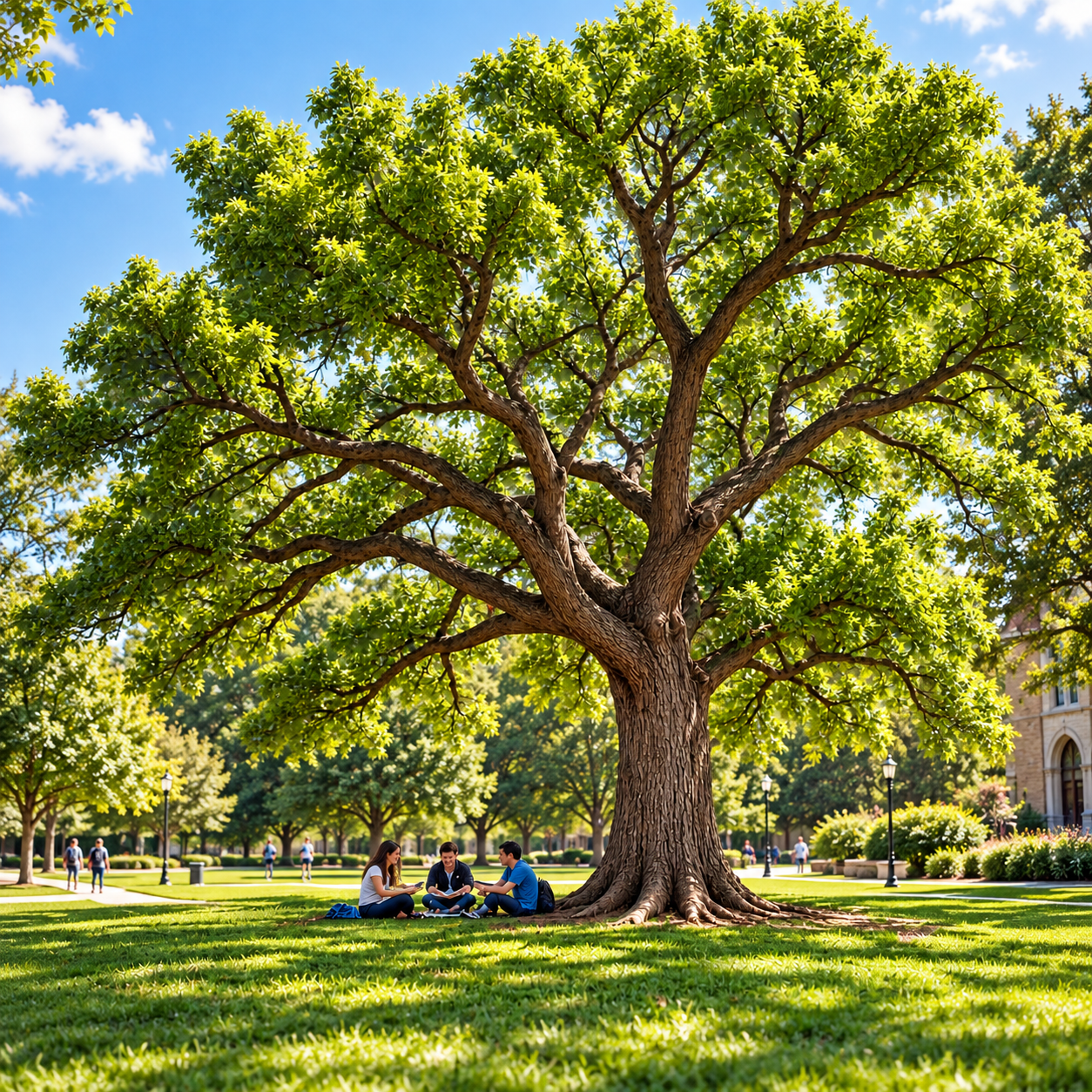 A large tree with lush green leaves in a park on a sunny day, with people sitting on the grass underneath and walking along paths.