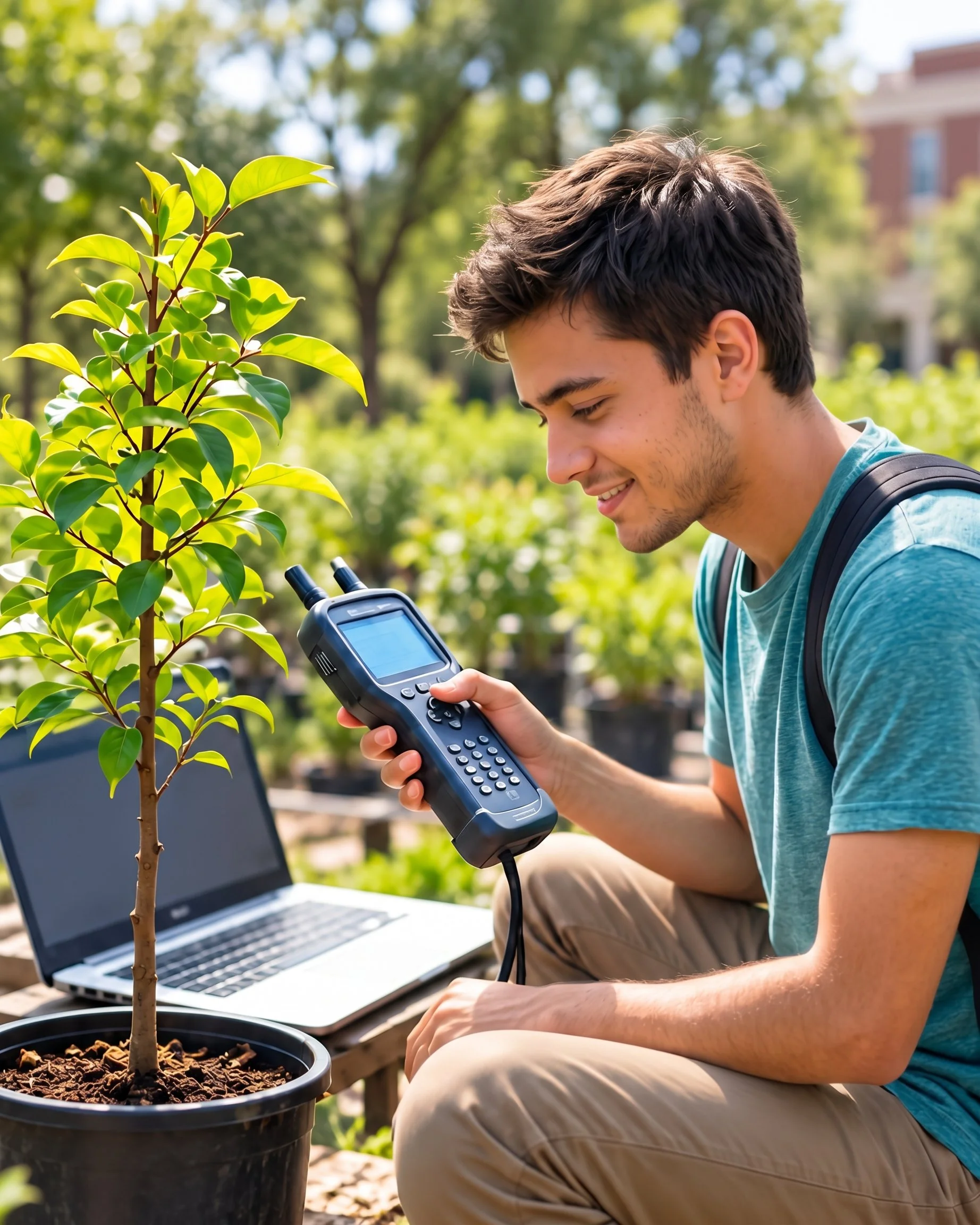 A young man with dark hair, wearing a teal shirt and tan pants, is sitting outdoors in a garden. He is smiling and using a soil meter on a potted plant tree. A laptop is open on a wooden table in front of him, and there are trees and a building in the background.