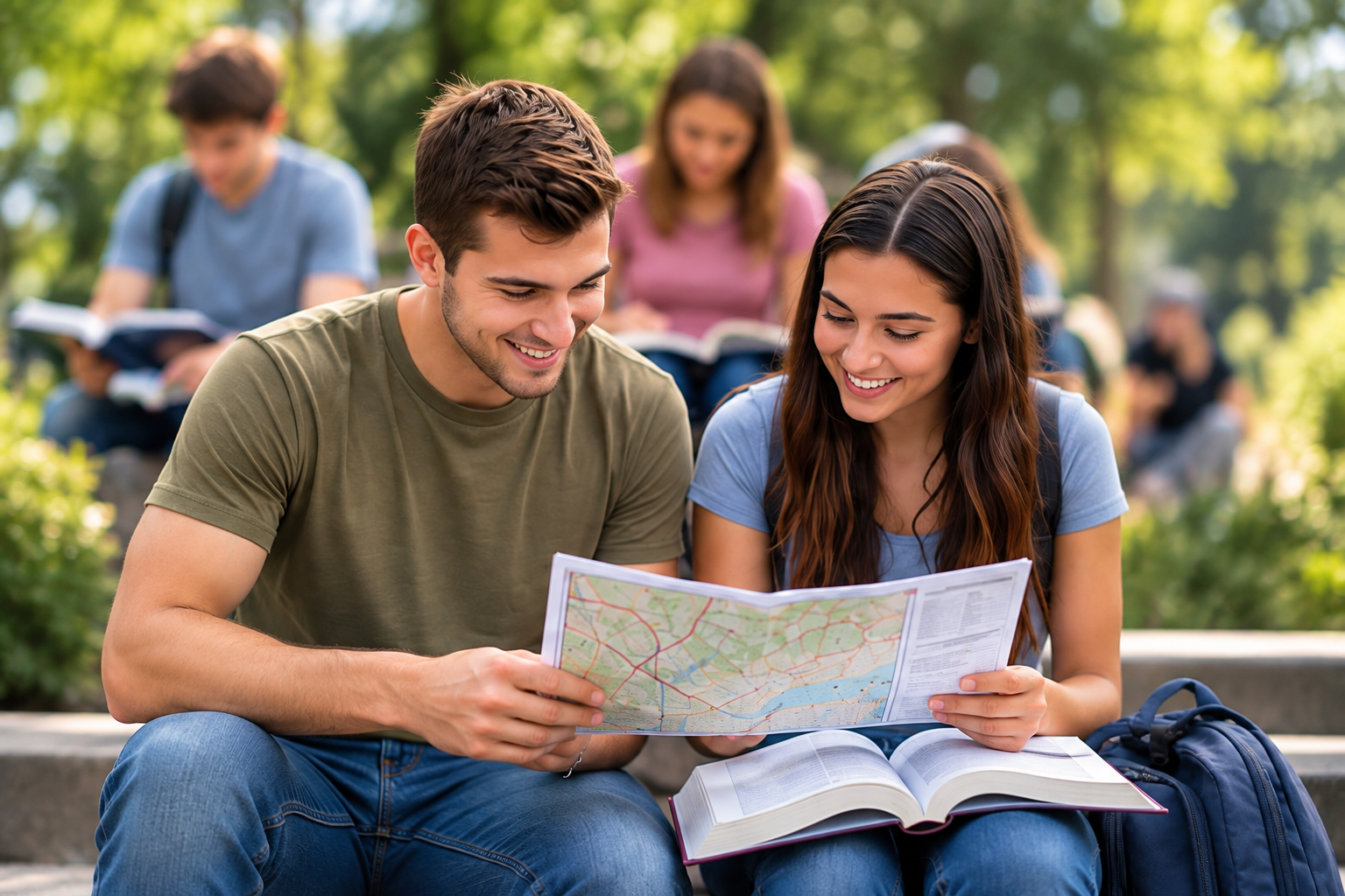 Two college students sitting on outdoor steps, looking at a map and a book, smiling, with other students sitting in the background under trees.