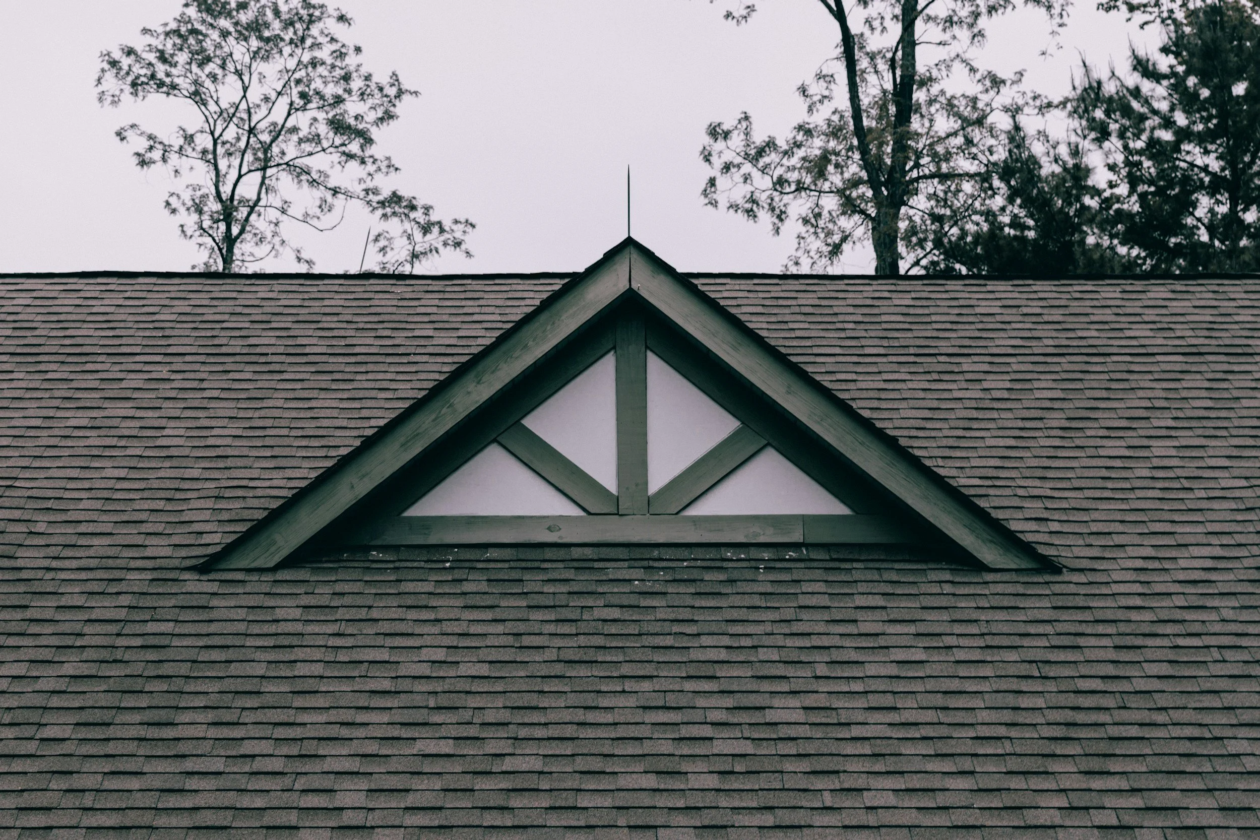 Close-up view of a house roof with asphalt shingles and a decorative gable with green trim. Trees with bare branches are visible in the background against a cloudy sky.