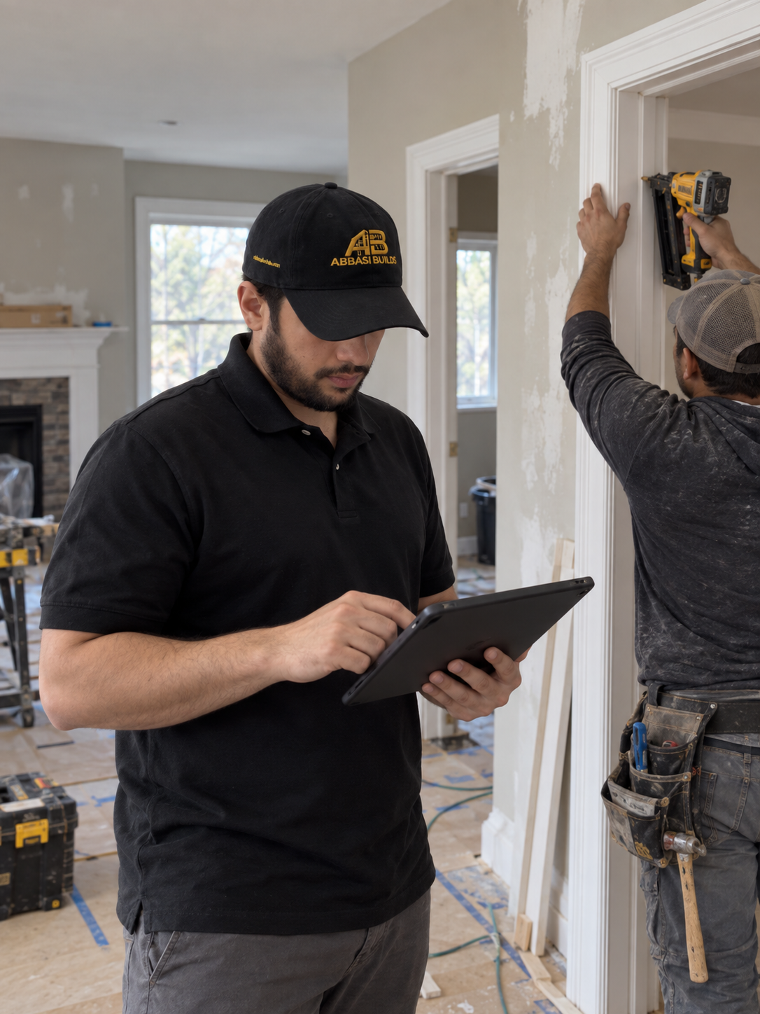 Two construction workers are installing door trim in a house. One worker is using a drill to secure the trim, while the other is using a tablet, possibly for instructions or plans.