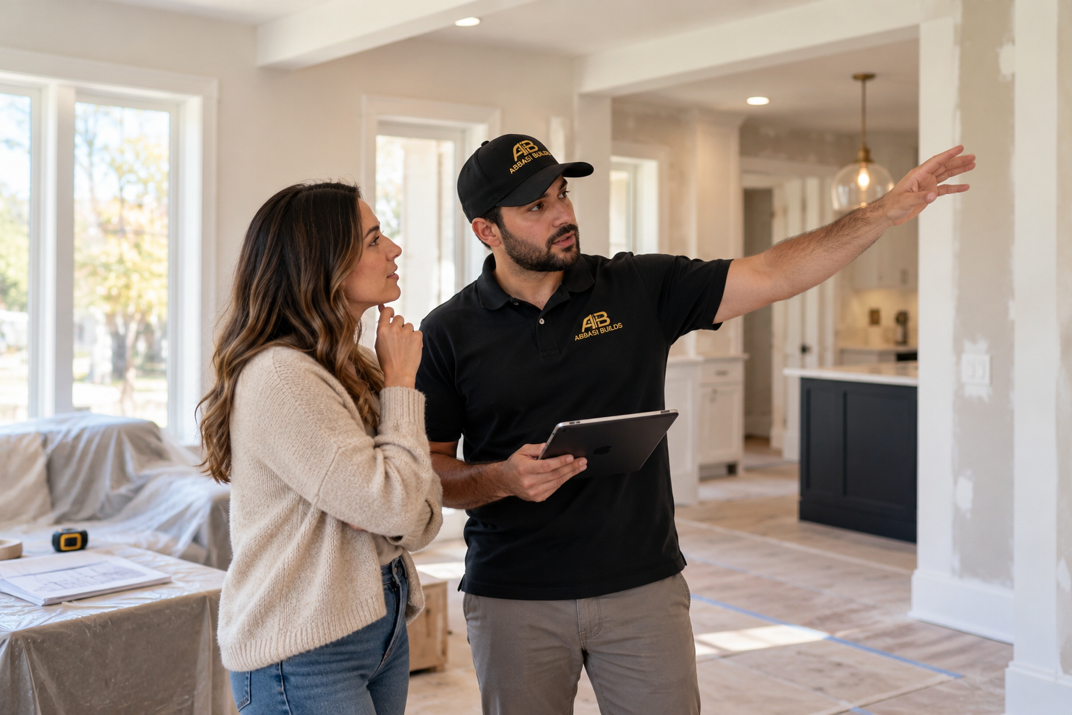 A man and woman discussing interior renovations in a house, with the man pointing at a wall while holding a digital tablet, inside a partially finished home with natural light, construction tools, and furniture.