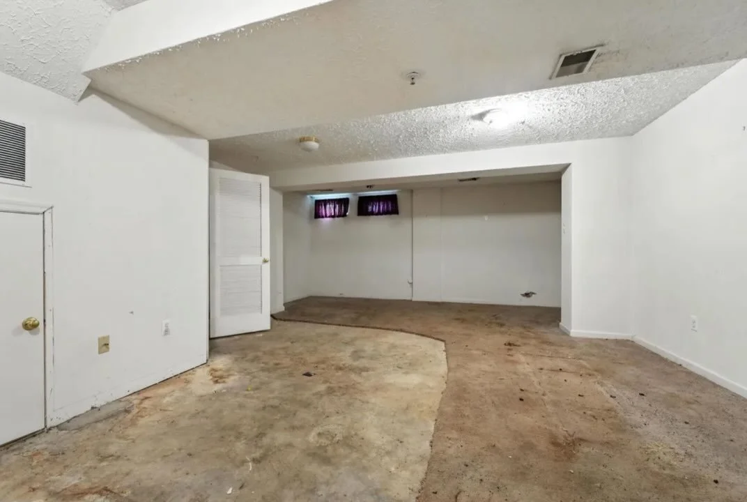 Empty basement room with stained carpet, white walls, small windows with purple curtains, and a closet door.