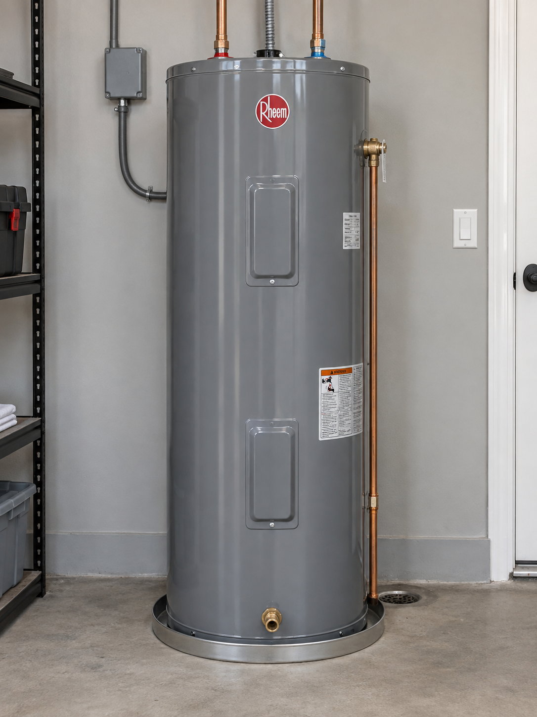A tall, gray Rheem water heater with copper pipes, mounted on a concrete floor in a utility room.