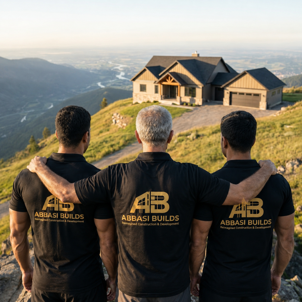 Three men from behind, standing on a hillside overlooking a house and scenic landscape, with their arms around each other's shoulders, wearing black shirts that say 'ABBASI BUILDS'.