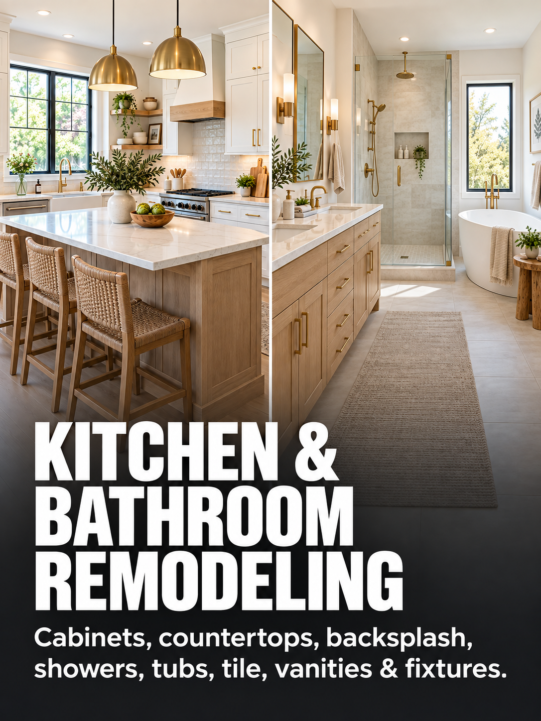 A split image of a modern kitchen and bathroom with white and wood cabinetry, gold accents, and natural light. The kitchen has a large island with wicker chairs, pendant lights, and window with greenery. The bathroom features a shower with a glass door, a freestanding tub, a vanity with mirrors, and a window with trees outside.