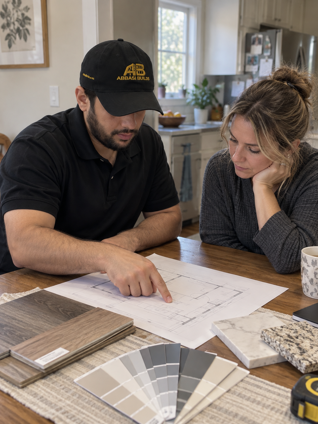 Two people, a man and a woman, sit at a dining table looking at a set of blueprints. The man is pointing at the blueprint, and the woman rests her chin on her hand, appearing to listen intently. The table has sample tiles and a mug, and the kitchen is visible in the background.