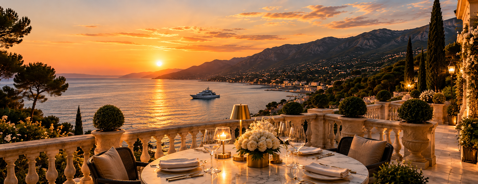 Cena mediterránea al atardecer con mesa elegante.png