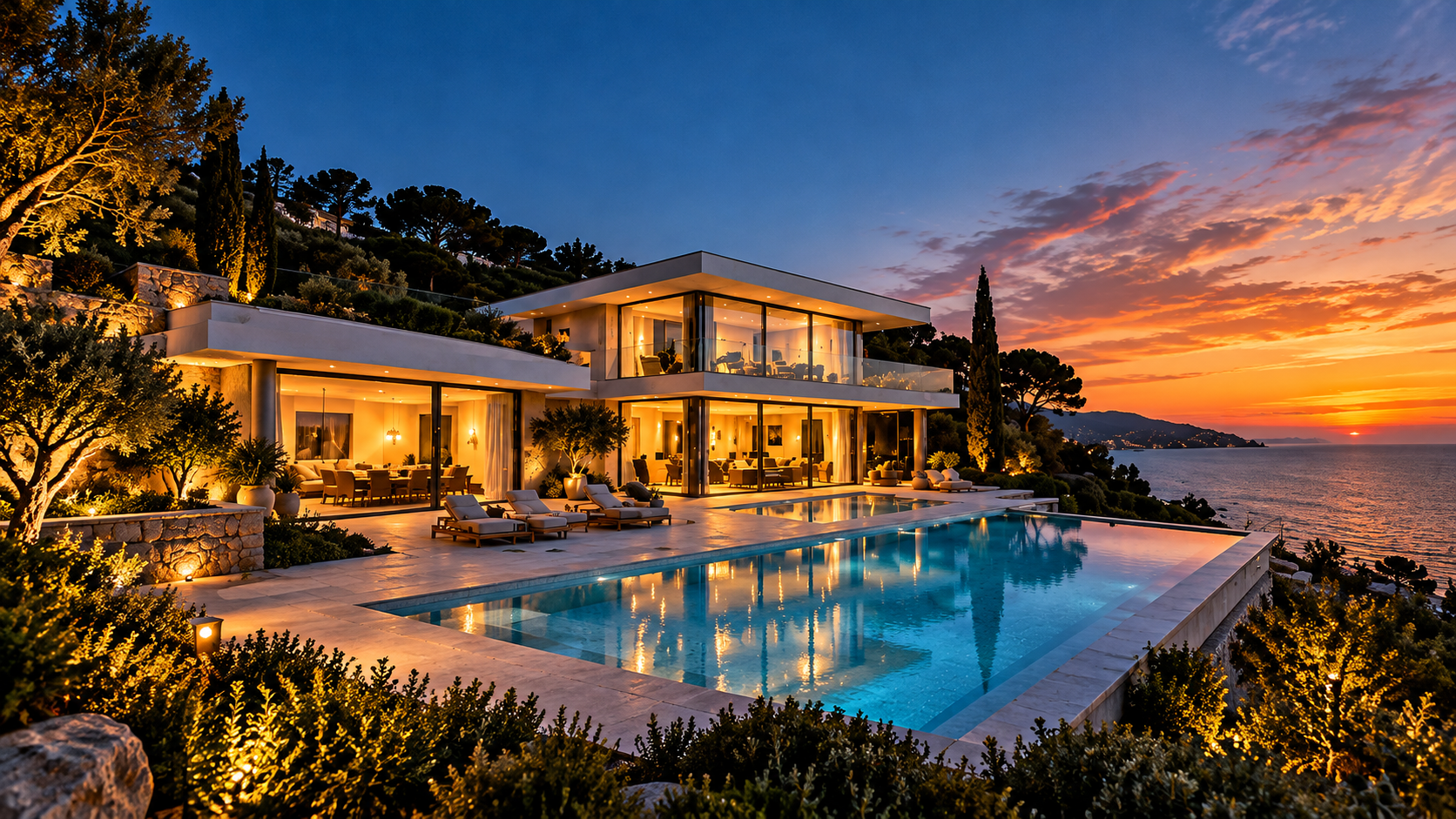 Villa moderna al atardecer sobre el mar.png