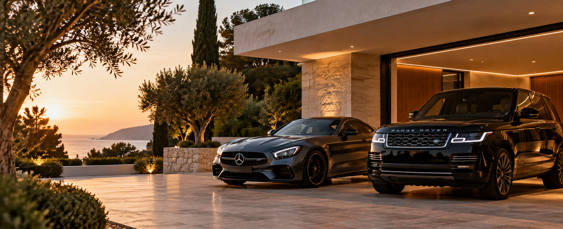 Villa mediterránea con coches de lujo al atardecer.png
