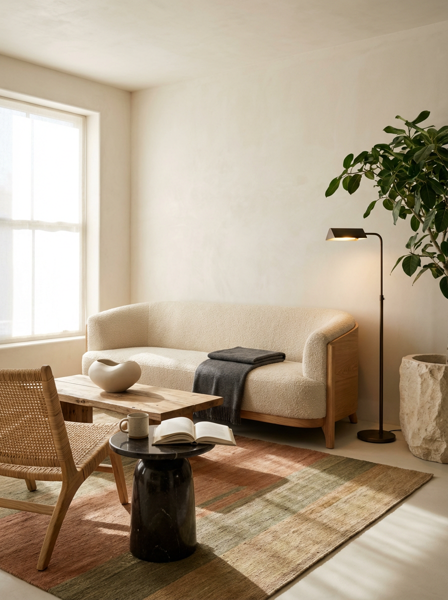 Minimalist living room with a beige sofa, a wooden coffee table, a cane chair, a small black side table with an open book and a mug, a black floor lamp, a large green potted plant, and a multicolored rug, illuminated by natural light from a large window.