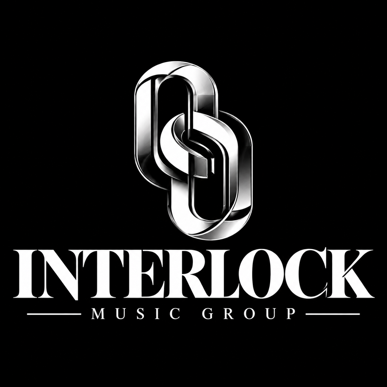 Logo for Interlock Music Group featuring a metallic interlinked chain symbol with white text on a black background.