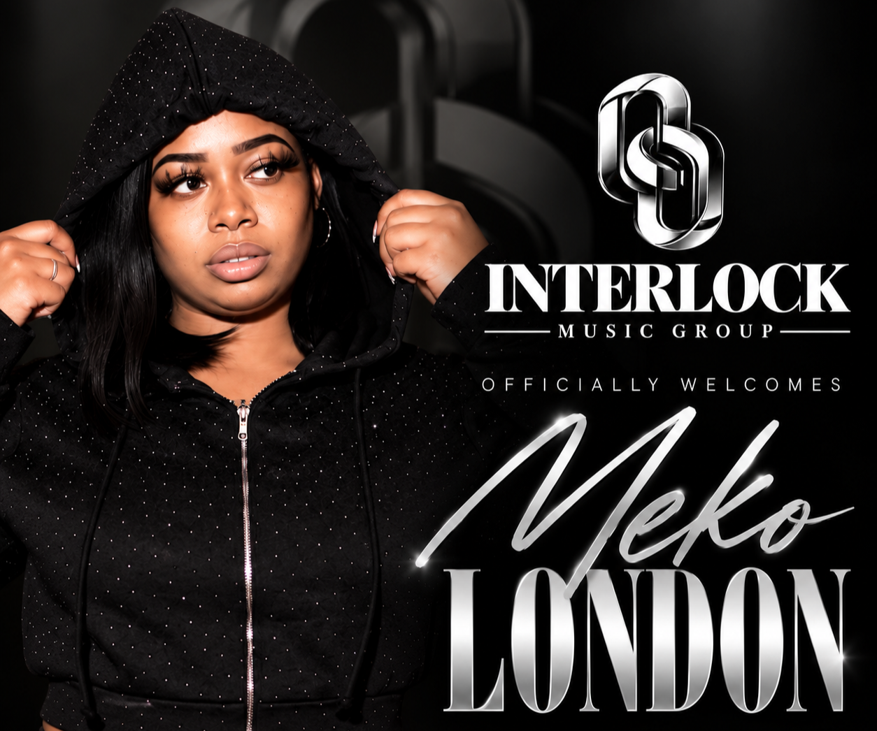 A woman in a black, sparkly hoodie adjusting the hood, with a logo and text welcoming Meko London at Interlock Music Group.