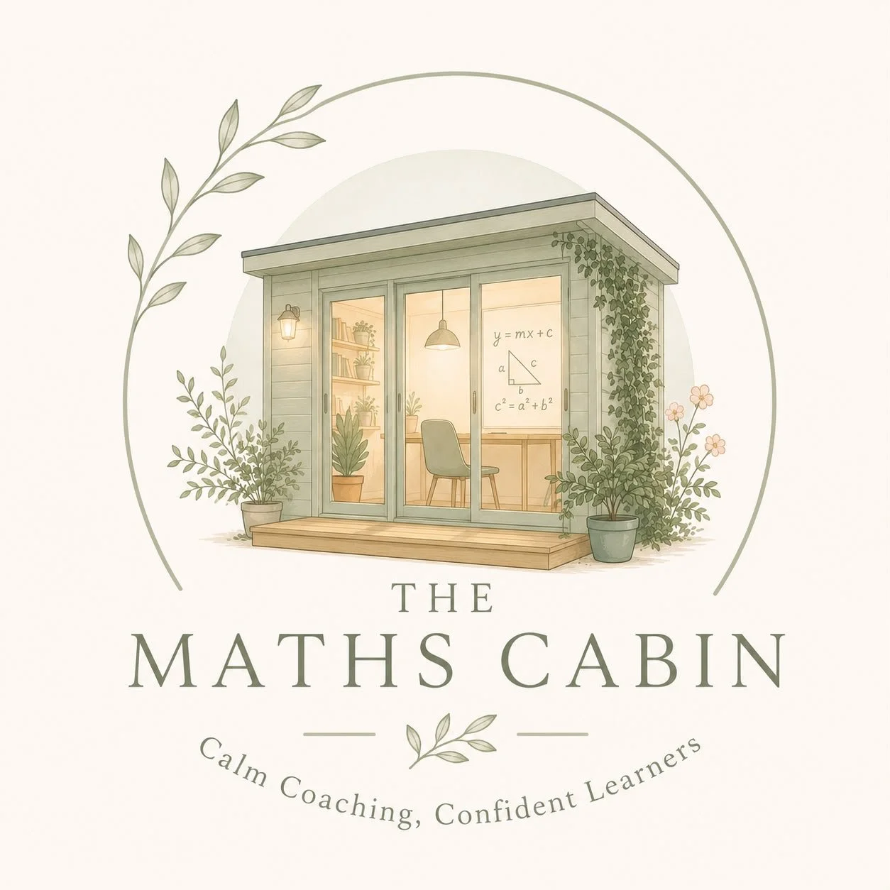 Illustrated logo for The Maths Cabin, showing a cosy garden cabin with plants and mathematical equations, with the tagline "Calm Coaching, Confident Learners.