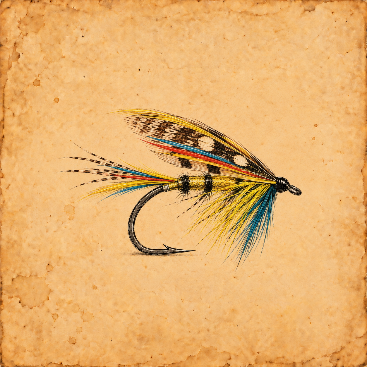 Colorful fishing fly with yellow, blue, red, black, and white feathers on a vintage, stained paper background.
