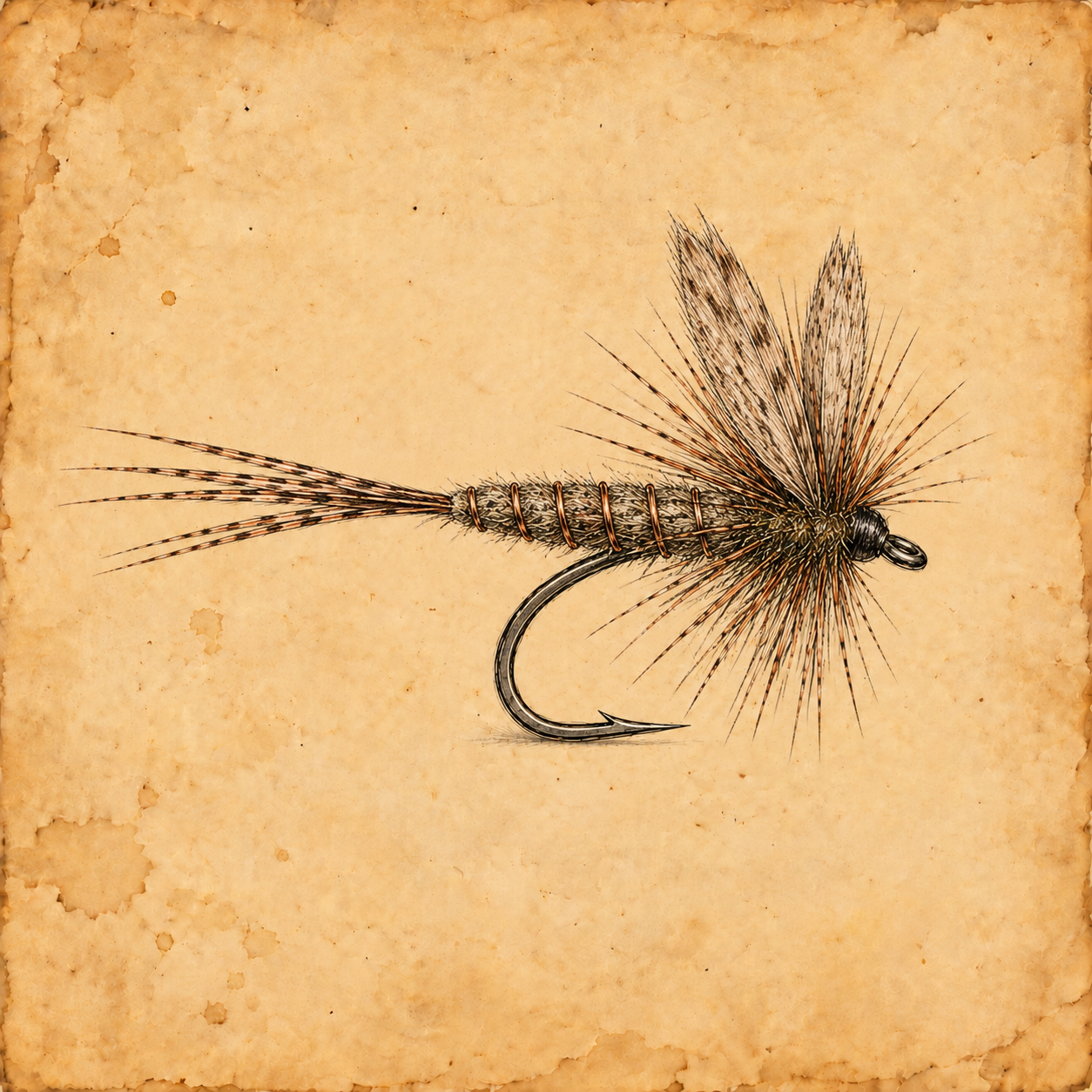 Close-up of a fishing fly with detailed feathers and hooks on a vintage parchment background.