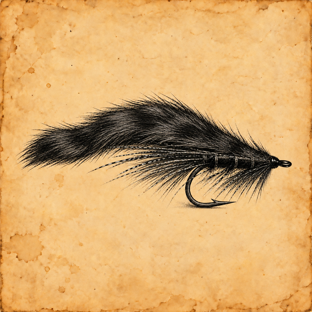 A fishing fly lure with a black curly tail, fuzzy black and gray body, and long, thin black and white striped feathers, set against a aged, yellowish parchment background.