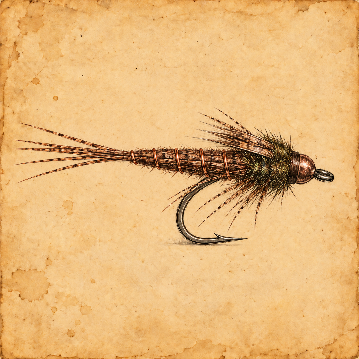 A fishing fly lure with feathers, hooks, and metal rings on a vintage parchment background.