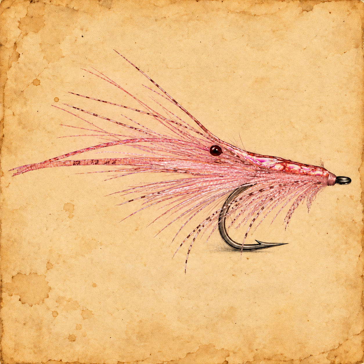 A fishing fly with pink feathers, a black bead eye, and a metal hook, set against a textured, aged paper background.