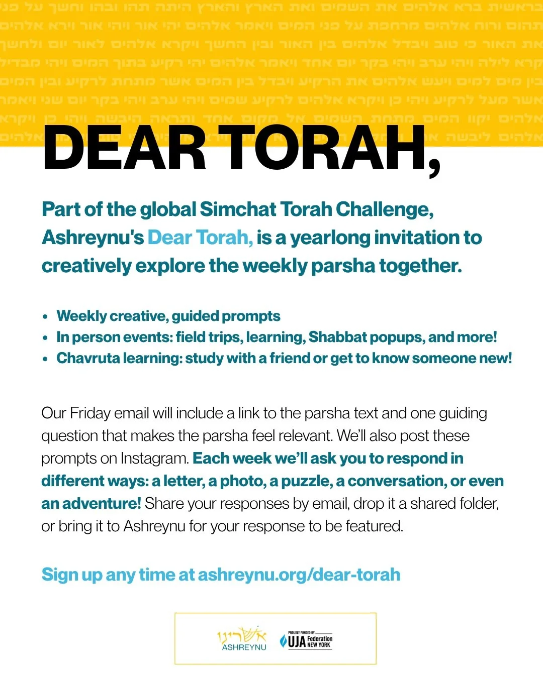 We're thrilled to share that we received a generous grant from @ujafedny to support weekly Torah learning with Ashreynu. 

Part of the global @simchattorahchallenge, Ashreynu's Dear Torah, is a yearlong invitation to explore the weekly parsha togethe