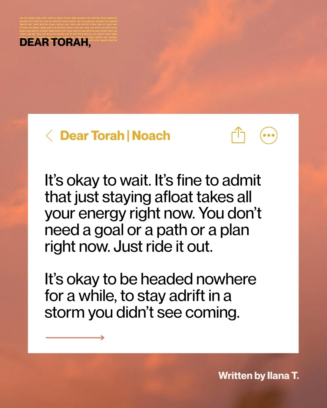 Wheewww this Dear Torah | Noach letter from Ilana T. is a gorgeous response to last week's prompt. 

We were invited to write a letter to ourselves or a friend at a 
moment of transformation or renewal offering protection, safety, love and care for y