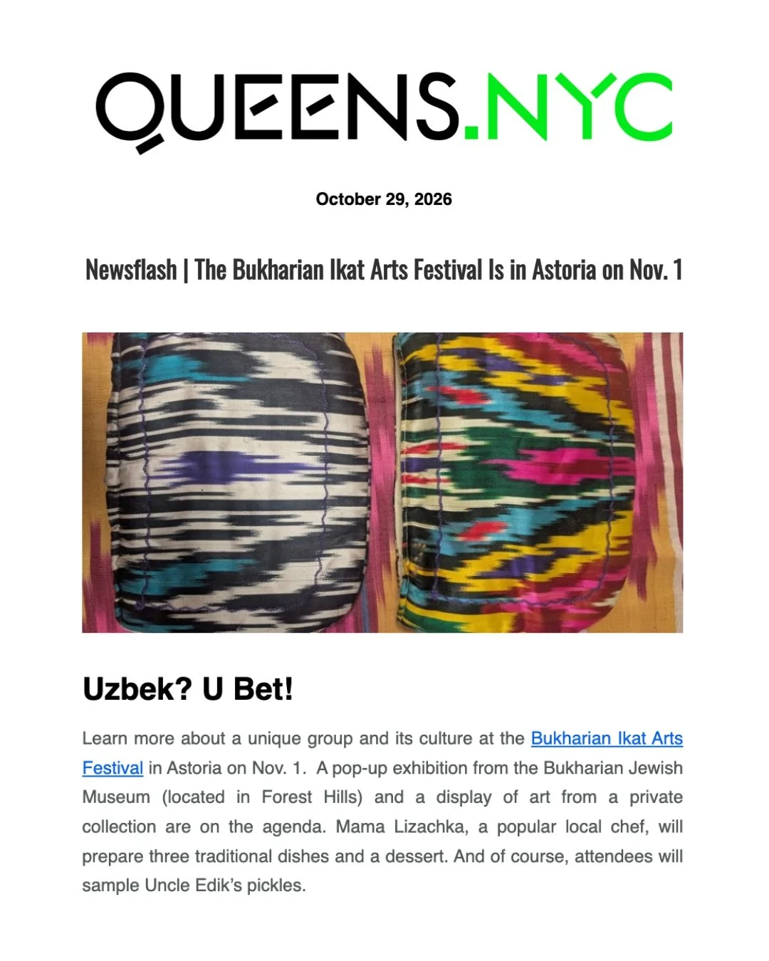 @itsinqueens with a fabulous feature on our upcoming Bukharian Ikat Arts Festival! 

Explore and experiment with Ikat, taste homemade Bukharian food, and experience unique cultural Jewish history and heritage on Sunday, Nov 1. 

Tickets at the link i