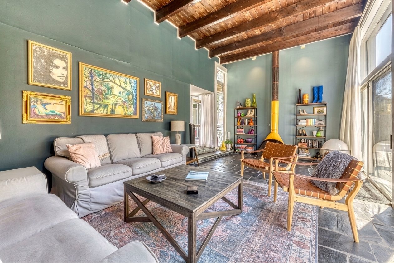 Living room with green walls, wooden ceiling, beige sofas, two wooden chairs with brown woven seats, a wooden coffee table, and a colorful area rug. Art paintings and photographs on the wall, bookshelves with decorative items, and large windows with white curtains.