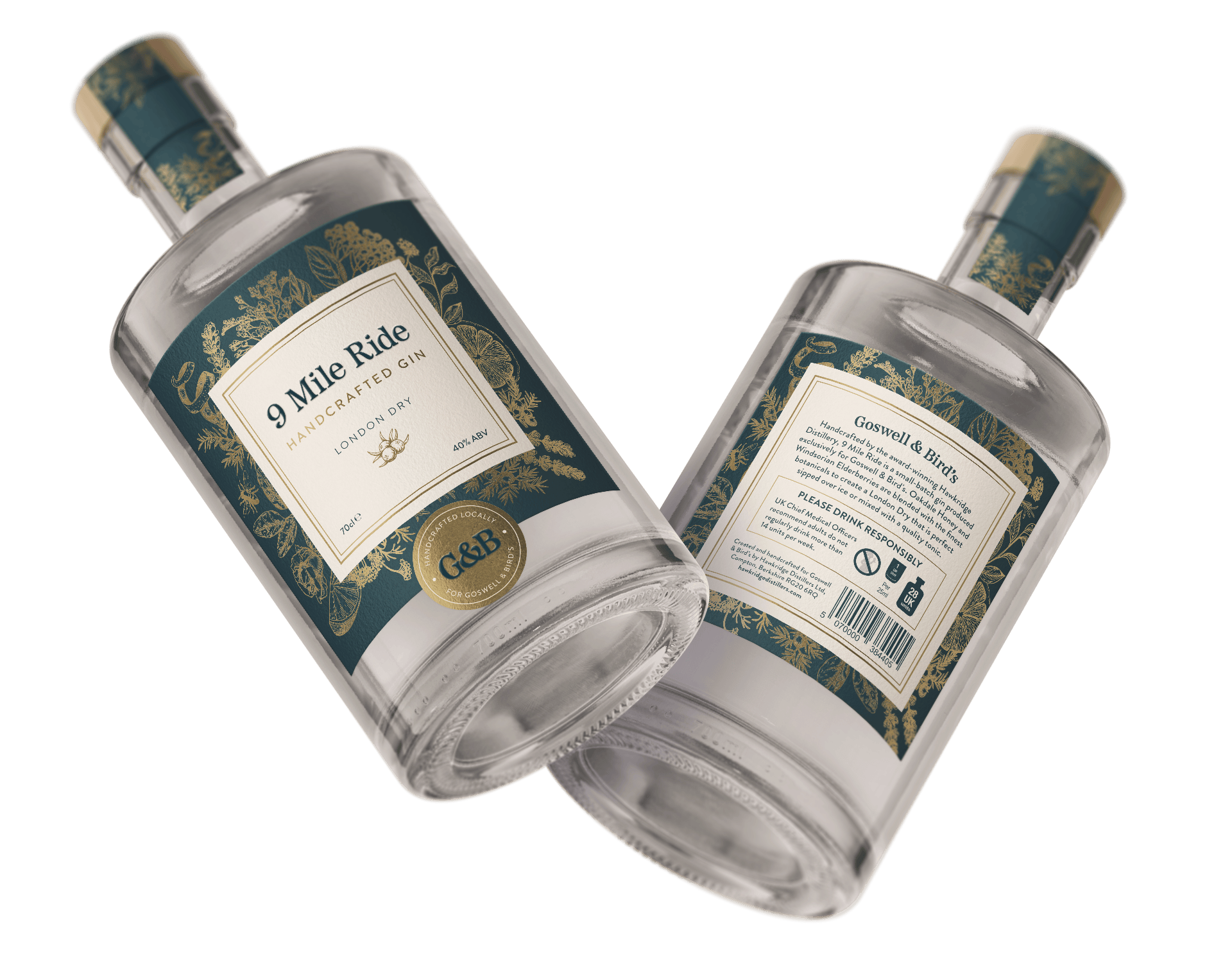 Two bottles of G&B handcrafted gin named '9 Mile Ride' with detailed labels, placed against a black background.