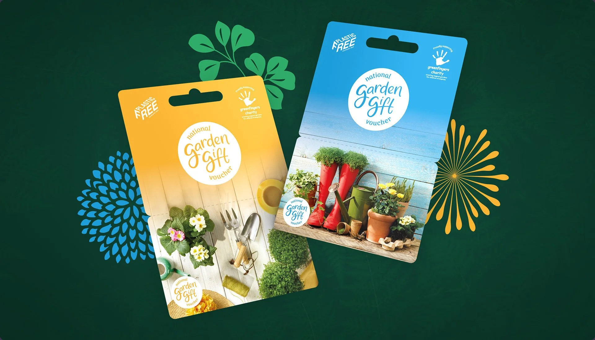 Two garden gift vouchers with plant and gardening tool images, one yellow and one blue, on a dark green background with decorative floral patterns.