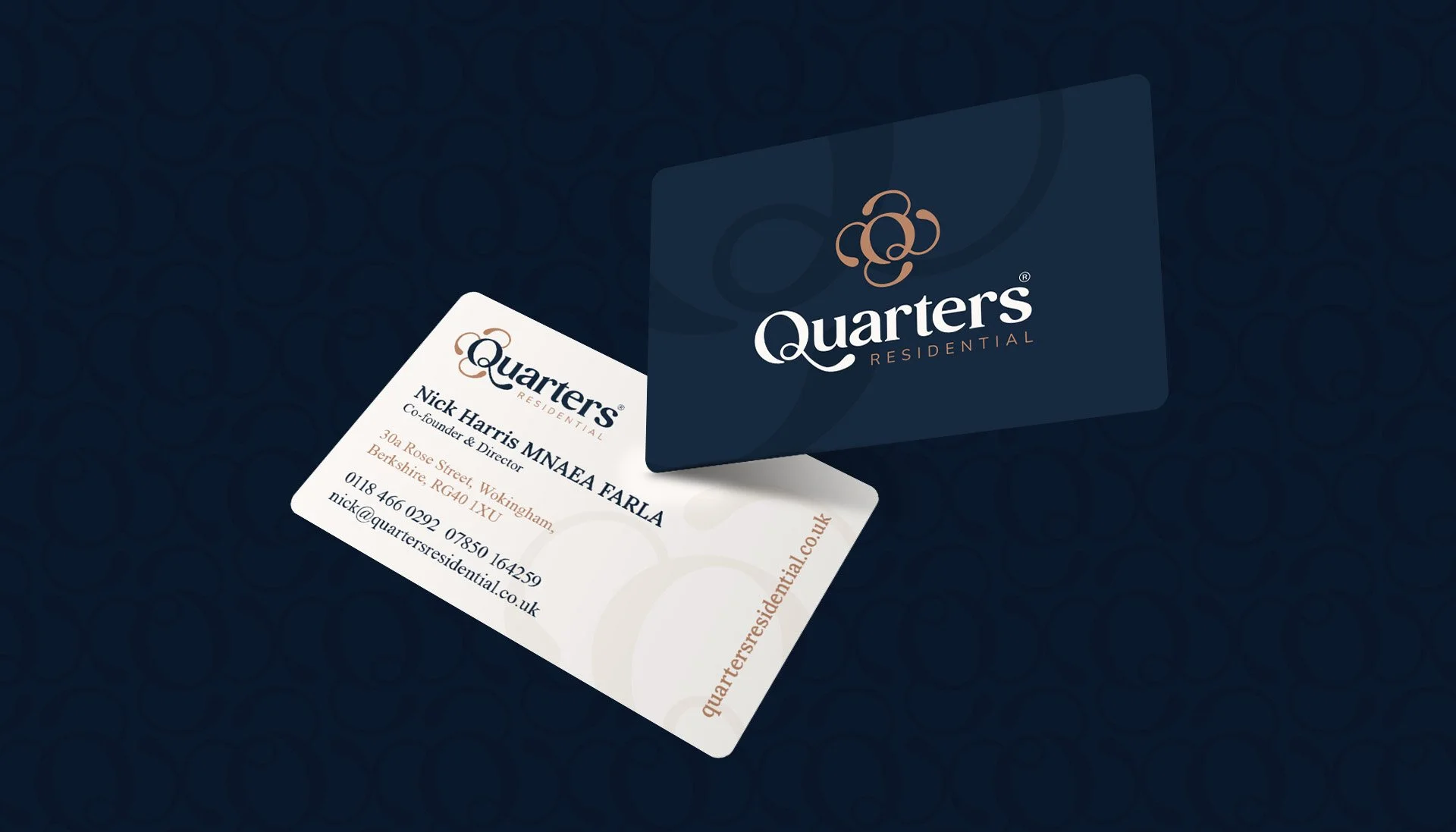 A business card and a branded card for Quarters Residential on a dark patterned background. The business card displays a name, title, address, and contact information. The Quarters Residential card features a logo with interlocking rings and the company name.