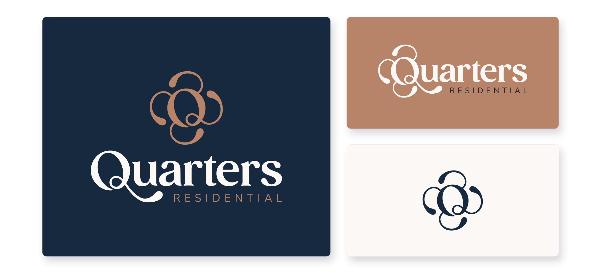 Multiple branding logos for Quarters Residential, featuring a stylized circular design and the word 'Quarters' in a serif font, with color schemes of navy blue, beige, and white.