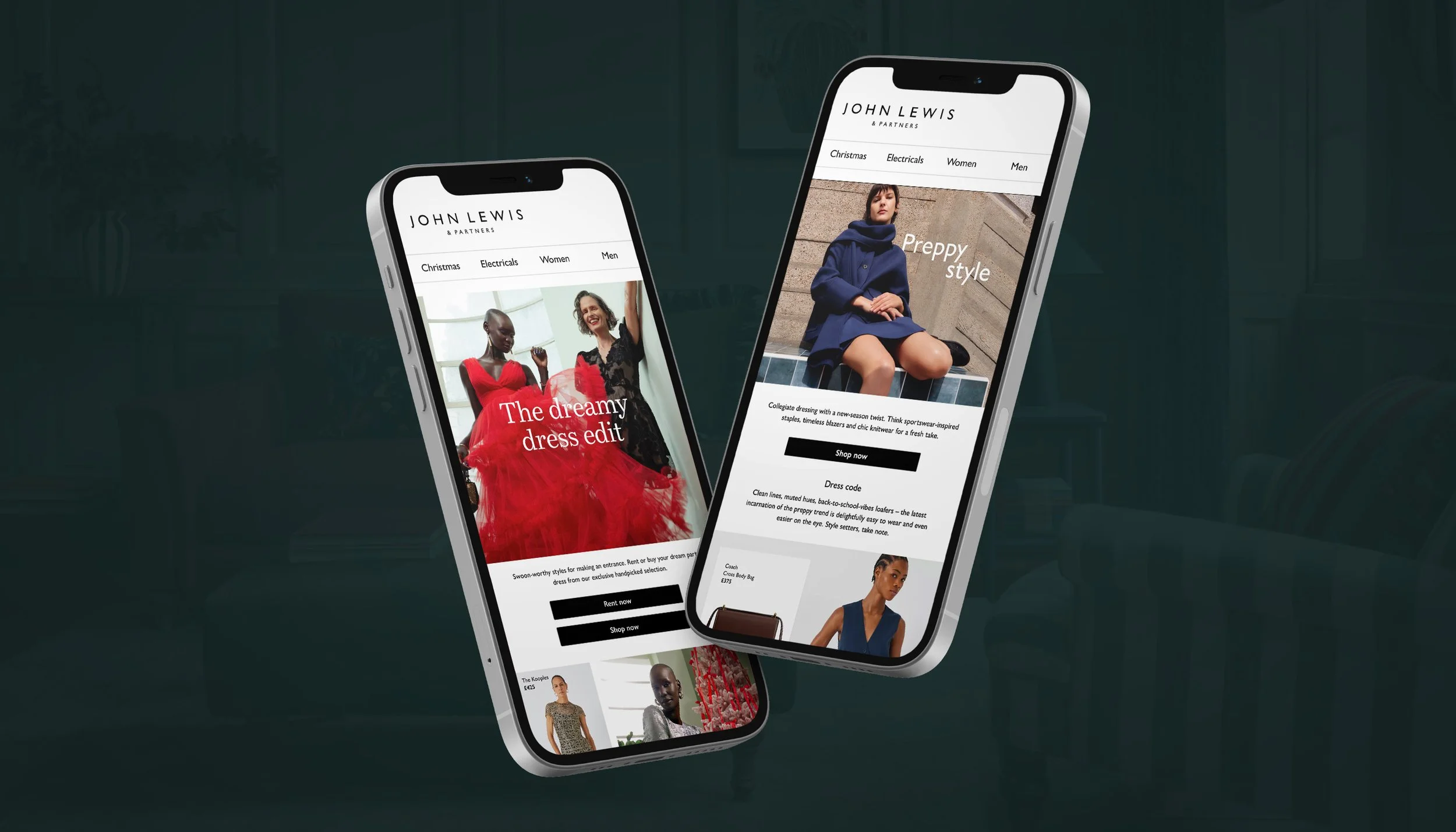 Two smartphones displaying John Lewis email designs, one for a dream dress edit and the other for a preppy fashion.