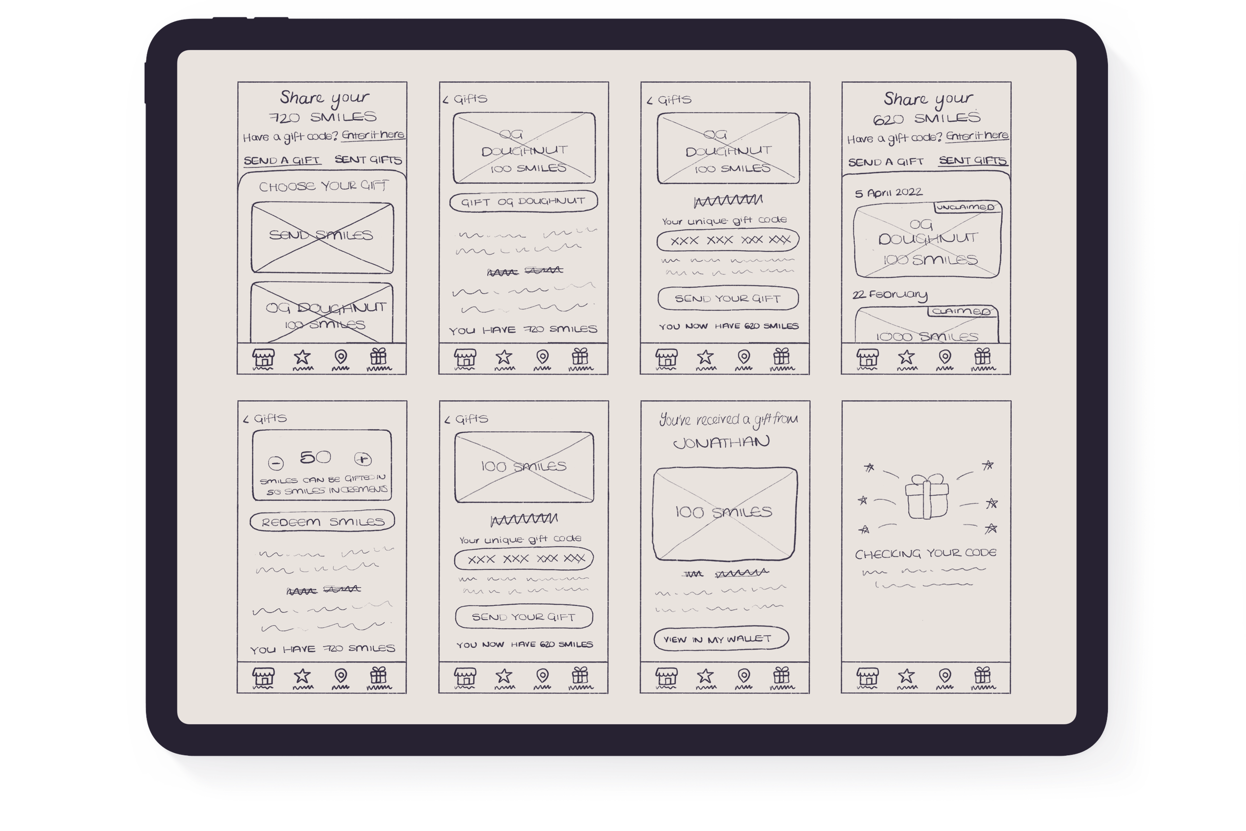 An iPad displaying hand-sketched wireframes of the proposed app screens