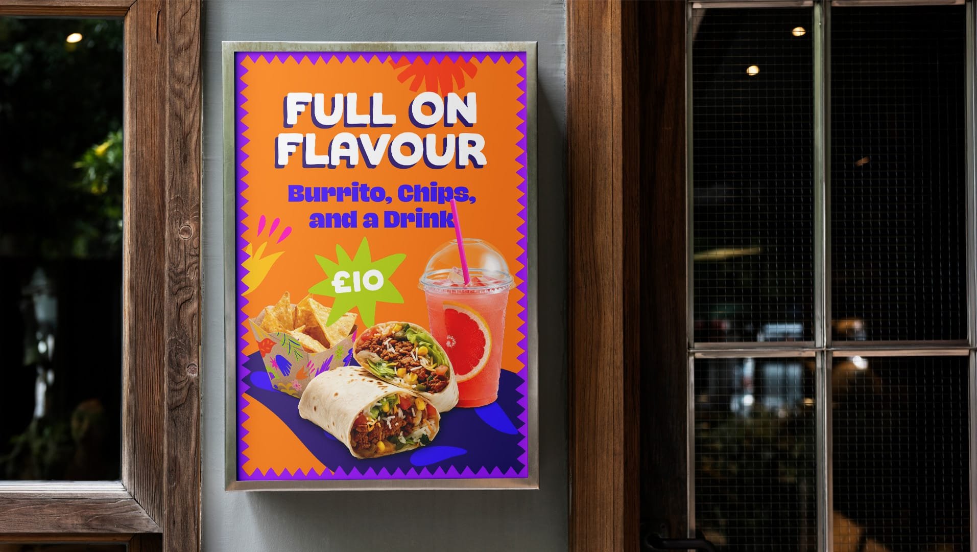 An example meal deal poster advertising a burrito, chips and drink for £10