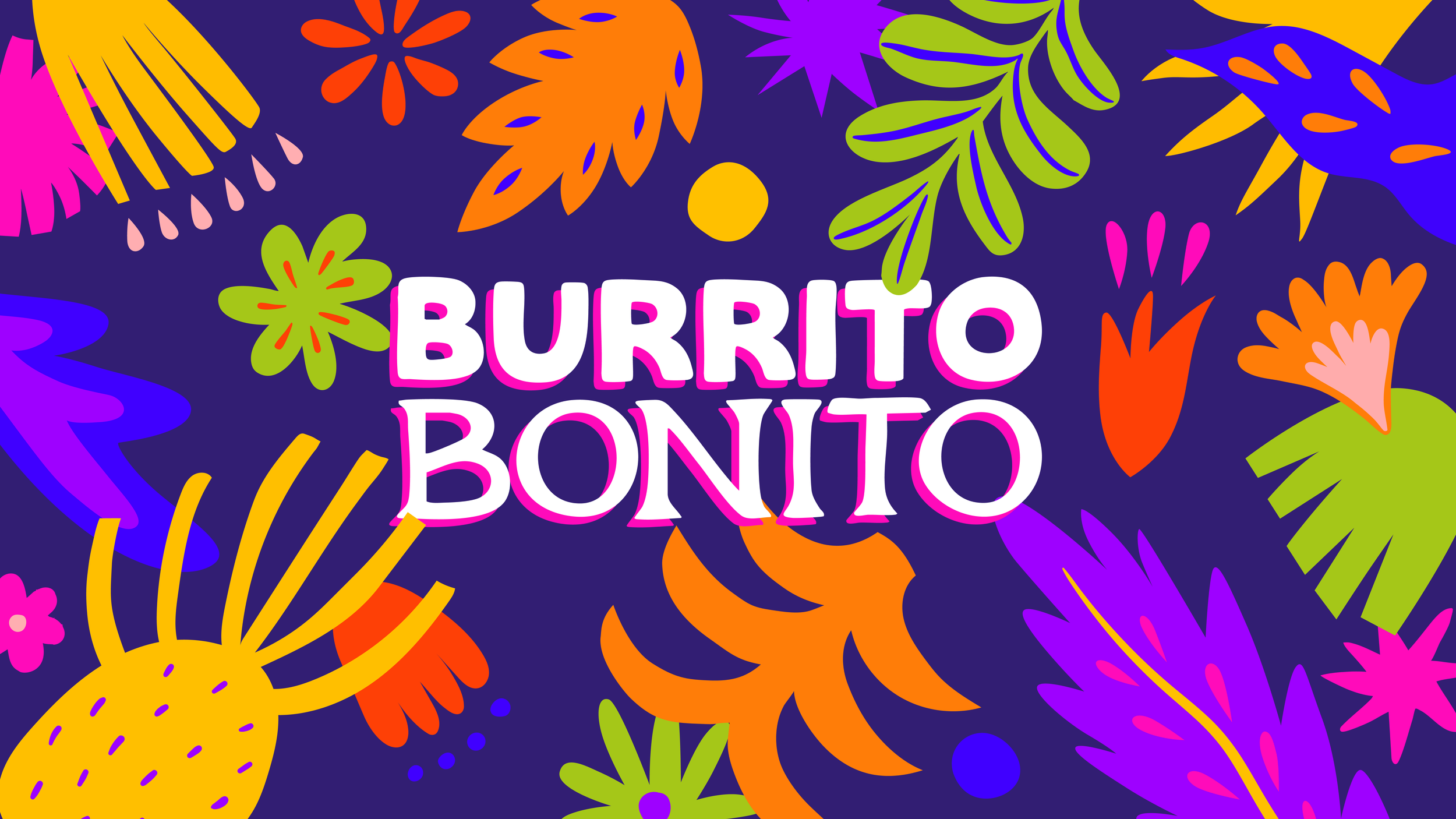 The Burrito Bonito logo in the center, surrounded by colourful brand asset illustrations