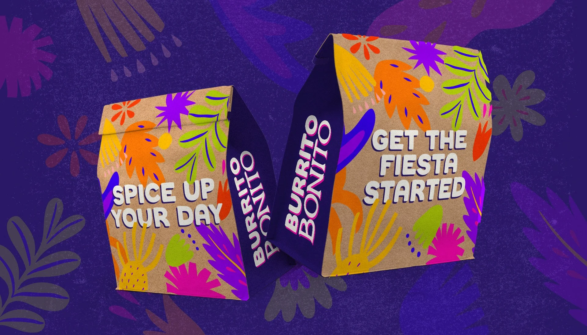 Decorative cardboard boxes with colorful floral and leaf patterns and bold text, one box reads 'Spice up your day,' and the other says 'Get the fiesta started.'