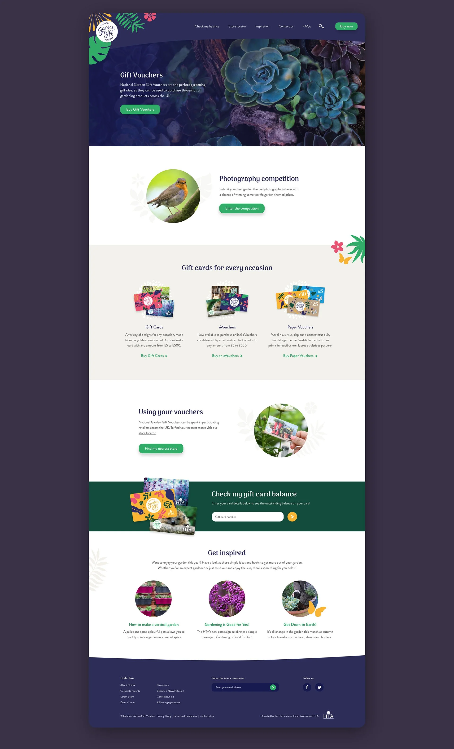 Website homepage for National Garden Gift Vouchers featuring a dark blue and white theme with floral and plant graphics. Sections include gift vouchers, photography competitions, gift cards, using vouchers, and gardening tips, with images of plant supplies, birds, and garden scenes.
