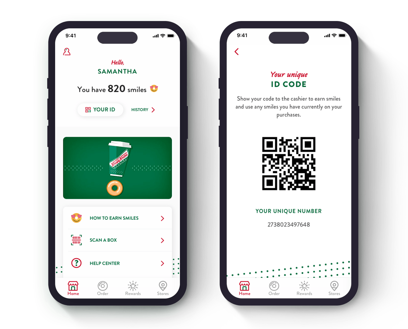 Two phone screens showing the original dashboard and rewards ID screens