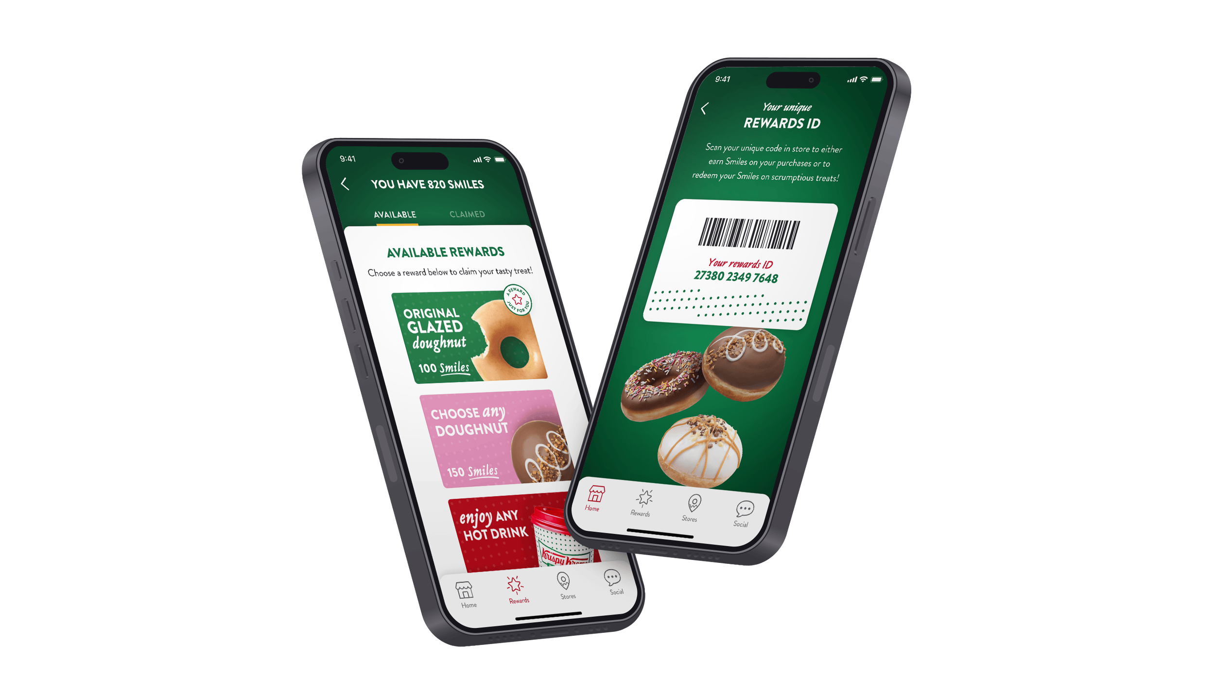 Two phone screens showing the available rewards and the rewards ID screens